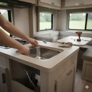 Step-by-step image of a new camper trailer kitchen sink being carefully dropped into the prepared countertop opening during installation.