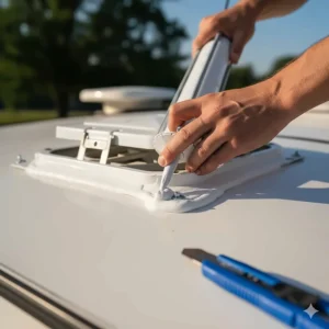 Applying sealant and caulk around the perimeter during the installation of a new camper ceiling fan.