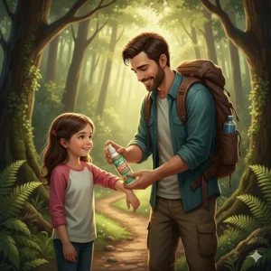 A friendly illustration of a parent applying a gentle camp bug spray to a child's arm before a hike.