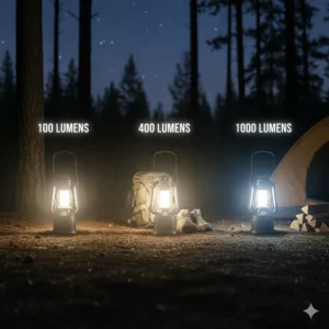 Illustration comparing different lumen brightness levels of an LED lantern for camping from 100 to 1000 lumens.