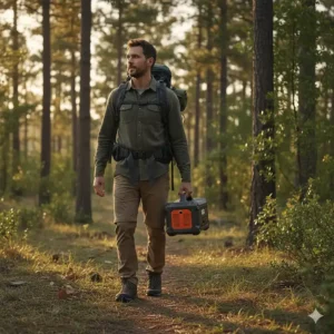 A hiker carrying a lightweight portable power station for camping by its ergonomic handle.