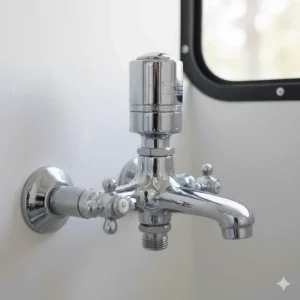 Durable marine-style shower faucet for campers featuring an integrated vacuum breaker for safety.
