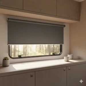 Sleek grey roller blinds for camper kitchen windows providing a minimalist and space-saving look.