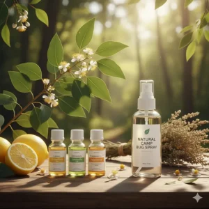 A graphic displaying lemon eucalyptus and essential oils used in natural camp bug spray formulas.