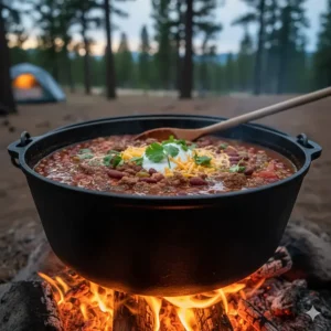 A hearty, pre-cooked chili warming up in a large cast iron Dutch oven over a campfire, perfect for a cold evening.