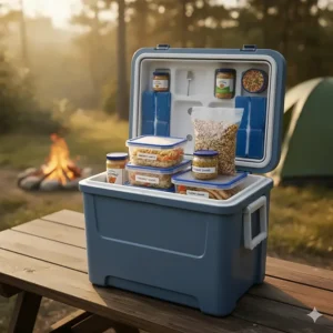 A detailed view of a well-organized camping cooler showing separate labeled containers for various make ahead meals and snacks.