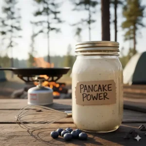 Pre-mixed make ahead pancake batter sealed in a glass mason jar with a secure lid, ready to be poured onto a griddle at the campsite.