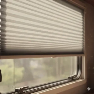 Close-up of pleated honeycomb blinds for camper windows highlighting the energy-efficient air pockets.