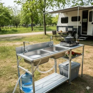 Detailed setup of a portable camper trailer kitchen sink station, including a water pump and a dual-basin configuration ideal for outdoor cooking.