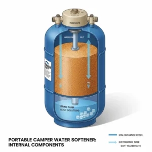 Diagram of a compact water softener for camper use showing resin beads and the brine tank interior.