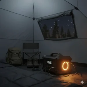 The built-in emergency LED light of a portable power station for camping illuminating the inside of a tent.