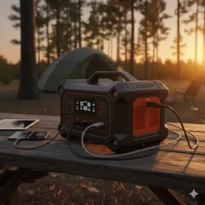 Close-up of the multiple charging ports on a portable power station for camping with several phones connected.