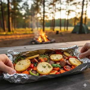 Hands assembling a hobo dinner in an aluminum foil packet filled with seasoned vegetables, sausage, and potatoes for the campfire.