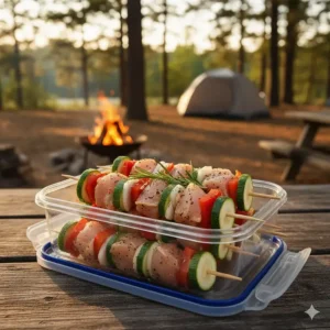 Raw chicken and vegetable pieces already threaded onto wooden skewers, stored in a resealable container ready for grilling at the campsite.