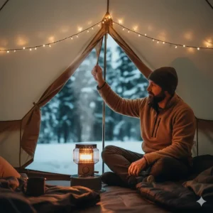 Photo showing a camper using a tent heater for camping with a tent flap slightly opened to ensure proper ventilation.