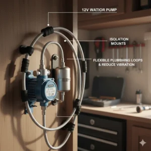 Illustration of rubber mounting feet and soft plumbing loops used to create a quiet camper water pump installation.
