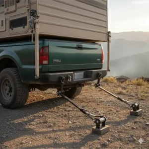 Rear bumper-mounted tie down brackets installed on a pickup truck for securing a slide-in camper.