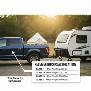Chart illustrating the different receiver hitch classes (I, II, III, IV, V) and their corresponding towing capacities for a camper.