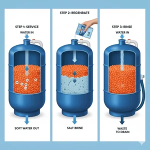 Illustration showing the salt regeneration process for a portable camper water softener unit.