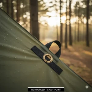 Detailed illustration of reinforced grommets and webbing tie-out points on a heavy-duty camping tarp.