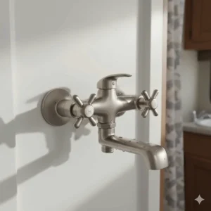 Close-up of a stylish dual-knob RV shower faucet handle controlling hot and cold water flow.