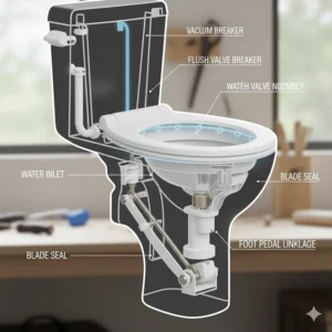 Diagram detailing the internal workings of the RV toilet flush valve and water supply connection.