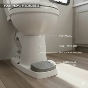 Close-up showing the foot pedal mechanism used to operate the flush and open the blade valve on the camper toilet.