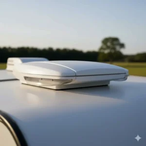 Close-up view of the camper ceiling fan's exterior protective lid and rain guard.