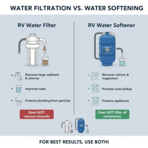 Infographic comparing a standard RV sediment filter versus a dedicated water softener for camper use.
