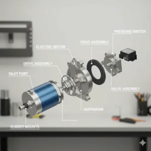 Labeled illustration of camper water pump components including the diaphragm, drive assembly, and motor.