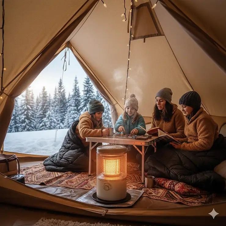 A safe tent heater for camping operating inside a cozy tent, providing warmth for winter or cold-weather trips. tent heaters for camping