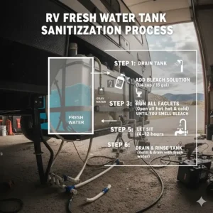 Step-by-step graphic detailing how to properly sanitize an RV fresh water tank using a bleach solution to remove bacteria.