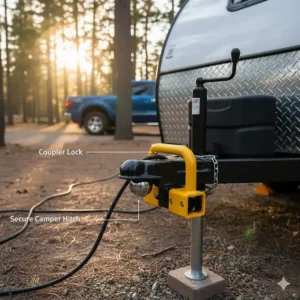 A practical image demonstrating the use of a coupler lock to secure the hitch for a camper when parked.