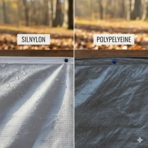 A close-up comparison of silnylon and polyethylene camping tarp materials and textures.