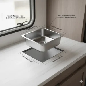 Technical diagram showing the specific dimensions and cut-out size for installing a drop-in single-basin sink in a camper trailer countertop.