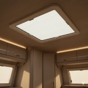 Retractable skylight blinds for camper roof vents to prevent overhead sun glare.