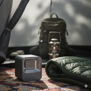A small, compact tent heater next to a camping sleeping bag, showing its scale and portability for backpacking.