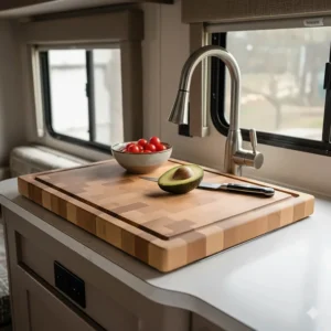 Close-up of a small rectangular RV kitchen sink featuring a wooden cutting board sink cover, maximizing counter space in the camper trailer.