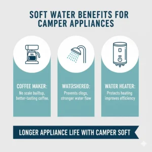 Icons showing how a water softener for camper use protects the coffee maker, showerhead, and water heater.