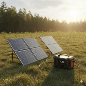 Foldable solar panels recharging a portable power station for camping in direct sunlight.