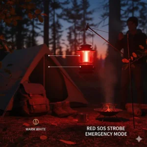 Graphic highlighting the red SOS strobe emergency mode on a multi-functional LED lantern for camping.