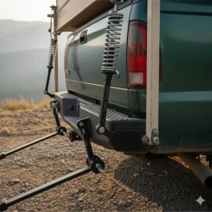 High-tensile spring-loaded turnbuckles connecting the truck camper anchor point to the tie down system.