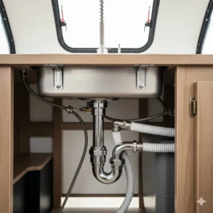 Image focusing on the efficient drainage system and plumbing connections underneath a stainless steel kitchen sink in a teardrop camper trailer.