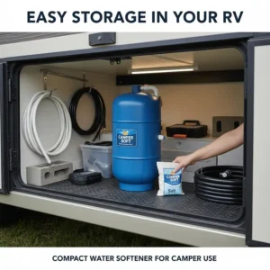 Illustration of a compact water softener for camper storage in a standard RV pass-through compartment.