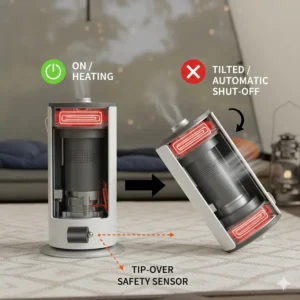 Diagram highlighting the tent heater's automatic tip-over safety shut-off feature, essential for camping safety.