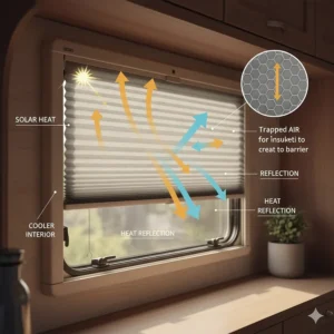 A diagram showing how thermal blinds for camper windows reflect heat and maintain internal temperature.
