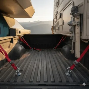 Illustration showing the interior bed-mounted anchor points used for lightweight truck campers.