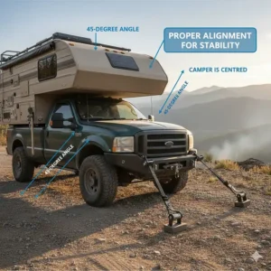 Diagram showing the correct 45-degree angle for tie down turnbuckles to ensure camper centeredness and safety.