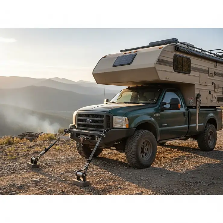 A heavy-duty truck camper securely attached to a white pickup truck using frame-mounted tie downs and turnbuckles. truck camper tie downs