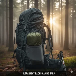 An illustration of a compressed, ultralight camping tarp tucked into a side pocket of a backpack.